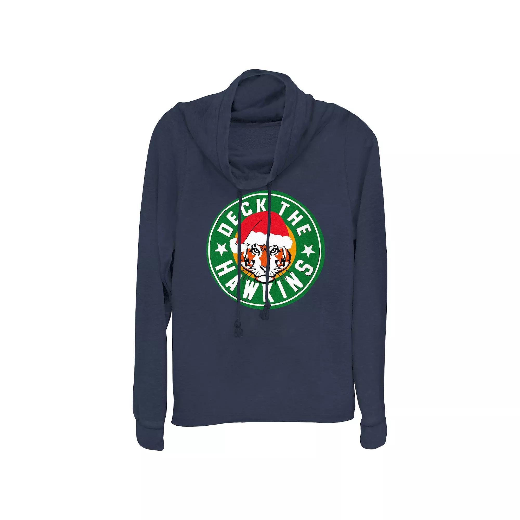 Womens Stranger Things Deck The Hawkins Cowlneck Graphic Lightweight Long Sleeve Blue Product Image