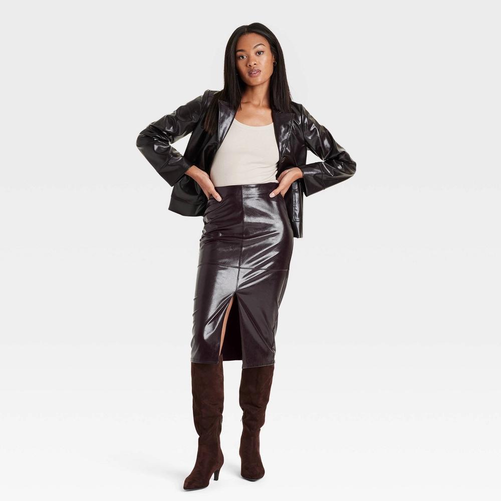 Womens Faux Leather Midi Skirt - A New Day Brown 16: A-Line, Side Zipper, Machine Washable Product Image