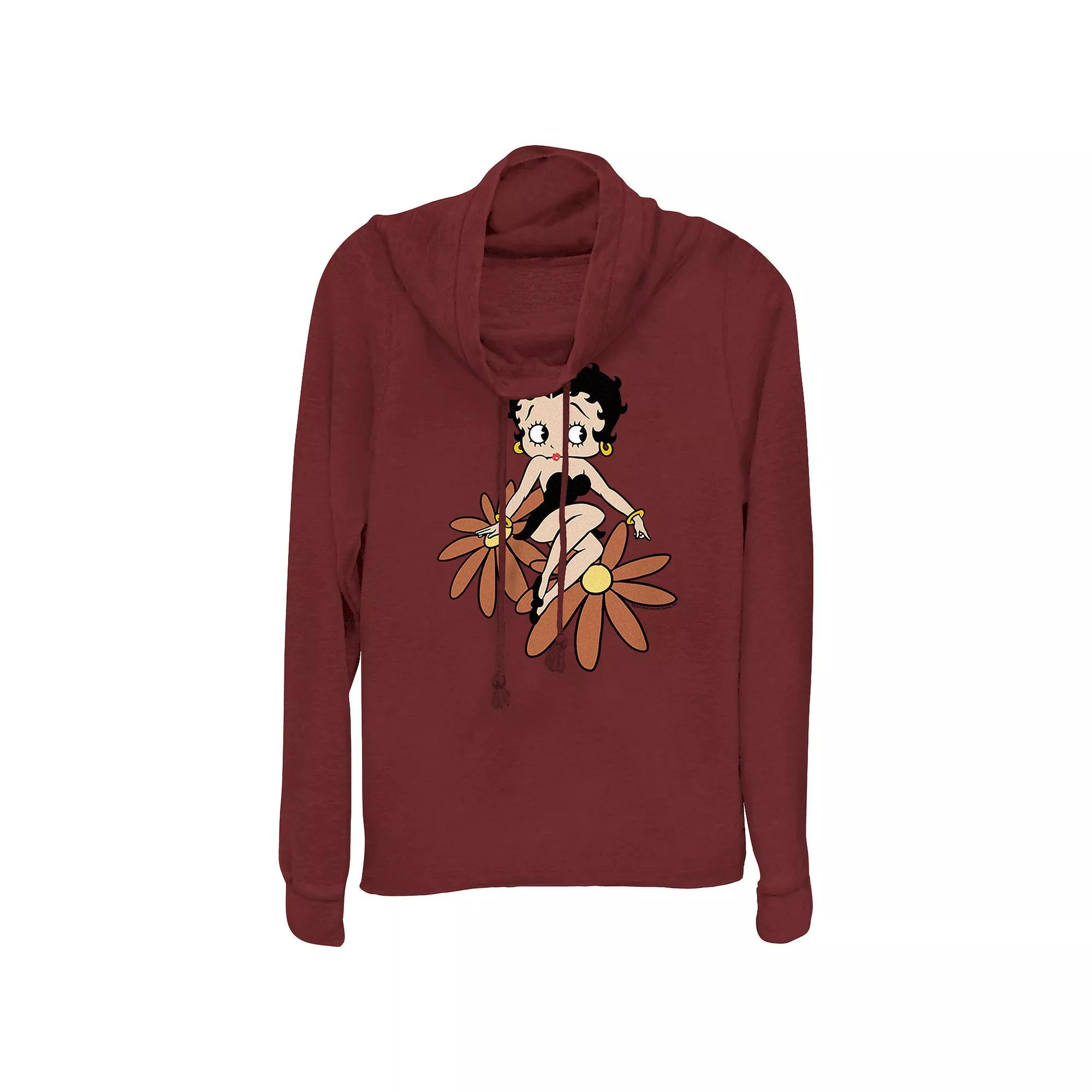 Juniors' Betty Boop Sitting On Flowers Cowlneck Graphic Lightweight Long Sleeve, Girl's, Size: XS, Red Product Image