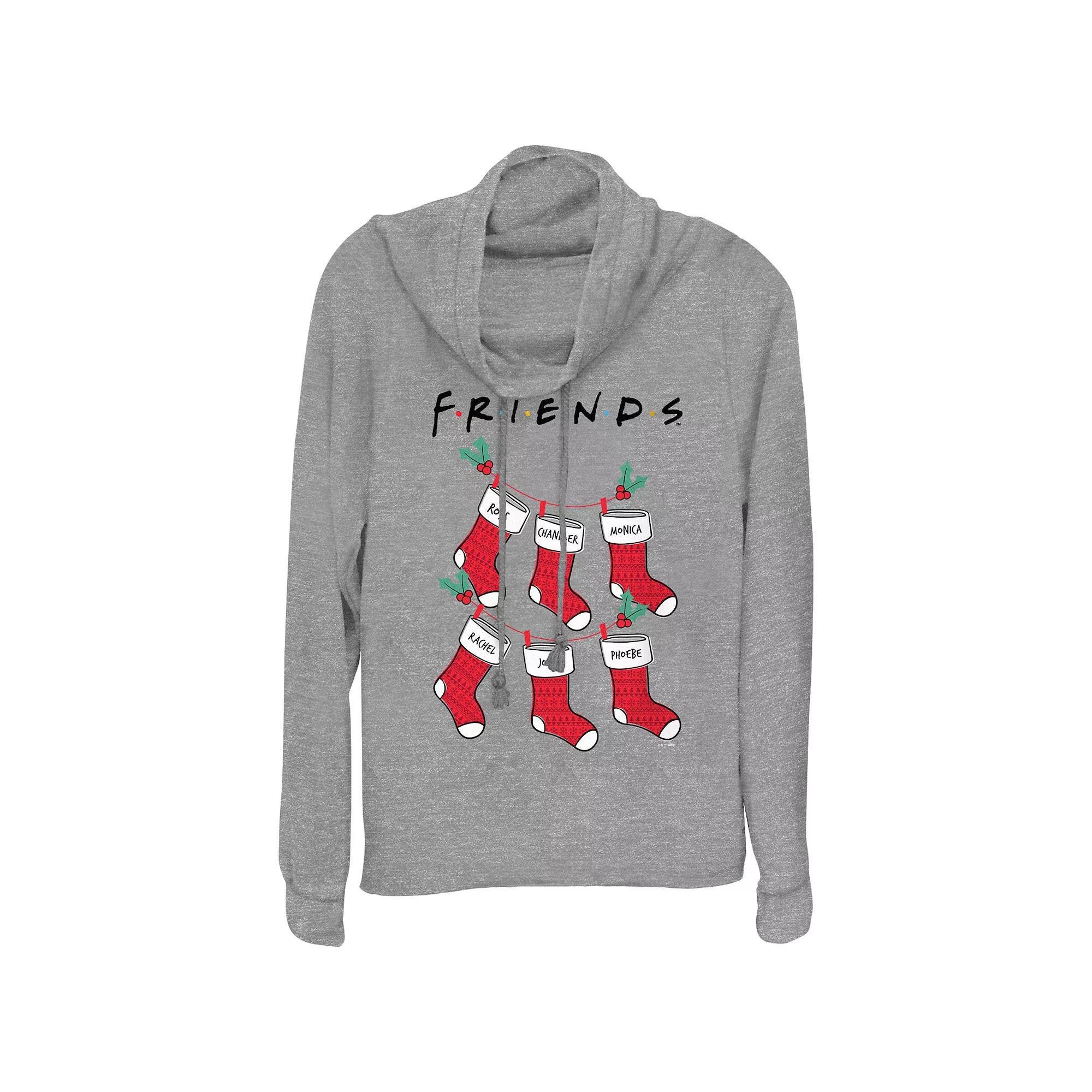 Women's Friends Christmas Stockings Cowlneck Graphic Lightweight Long Sleeve, Size: XL, Gray Grey Product Image