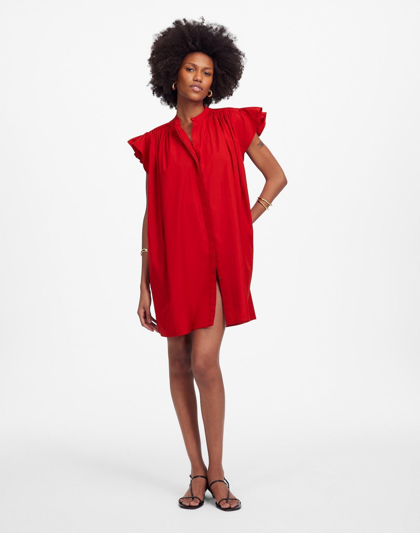 Flutter Sleeve Button-Front Mini Dress in Poplin Product Image