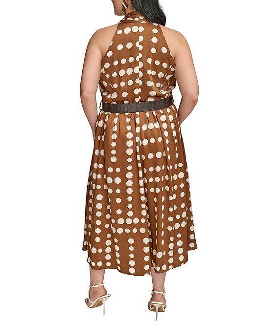 Donna Karan Plus Size Halter Neck Polka Dot Print Belted Midi Dress Product Image