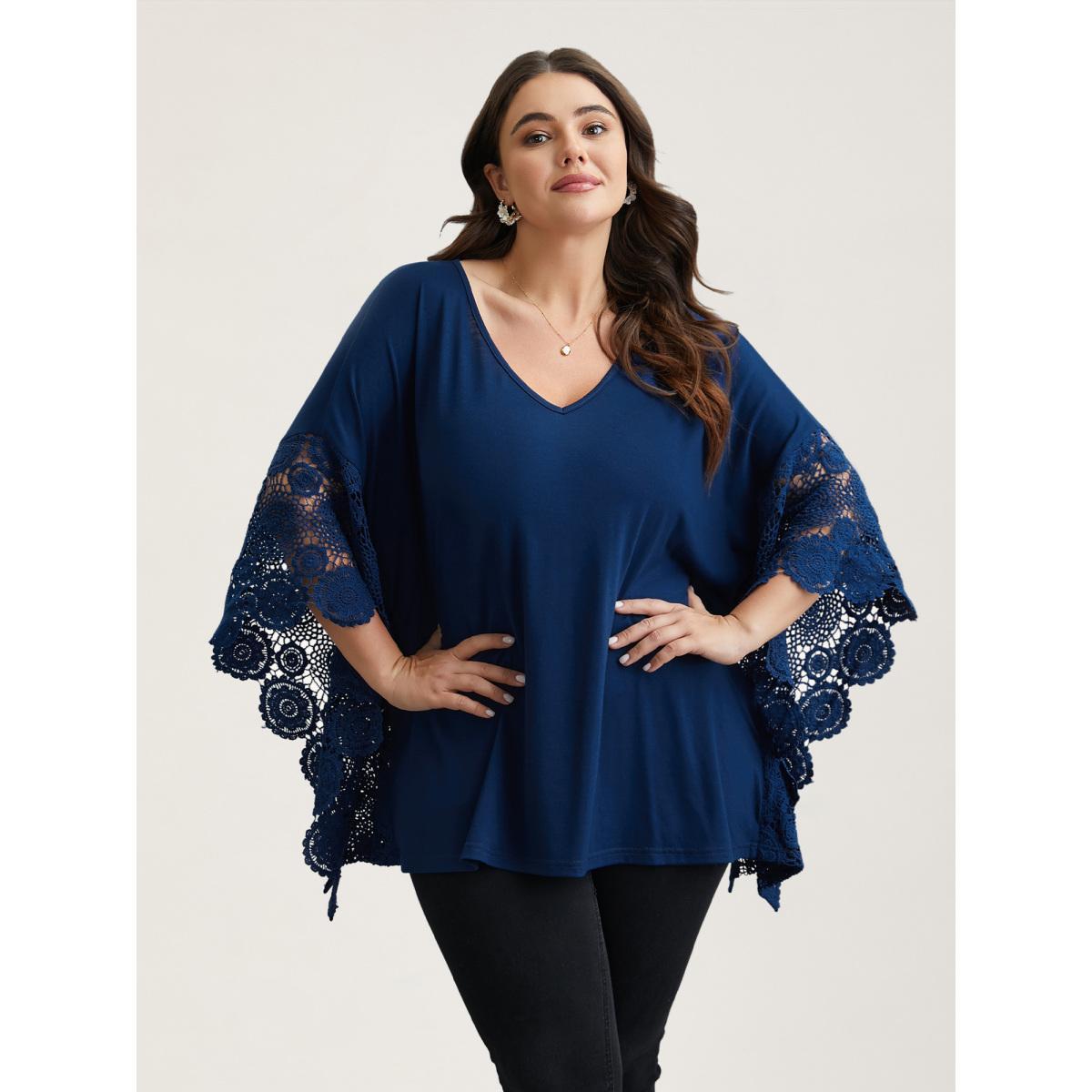 Plus Size V-Neck Crochet Lace Batwing Sleeve T-Shirt Indigo Women Elegant Patchwork V-neck Loose Everyday T-shirts BloomChic 28/5X Product Image