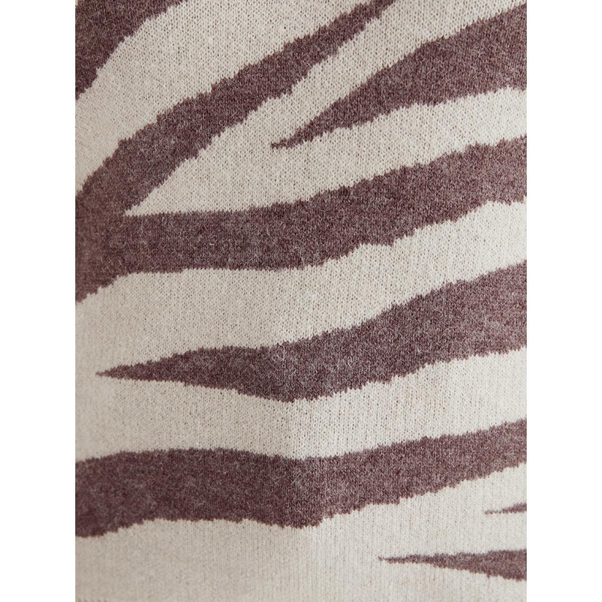 Plus Size Zebra Print Contrast Pointelle Knit V Neck Knit Top Tan Women Casual Long Sleeve V-neck Dailywear Pullovers BloomChic 10/M Product Image