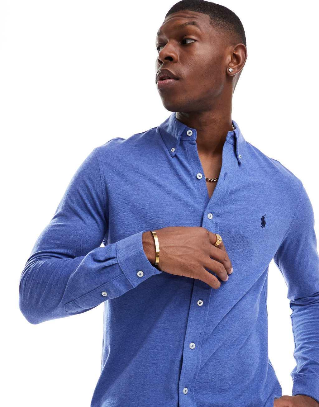 Polo Ralph Lauren icon logo pique shirt in blue heather Product Image