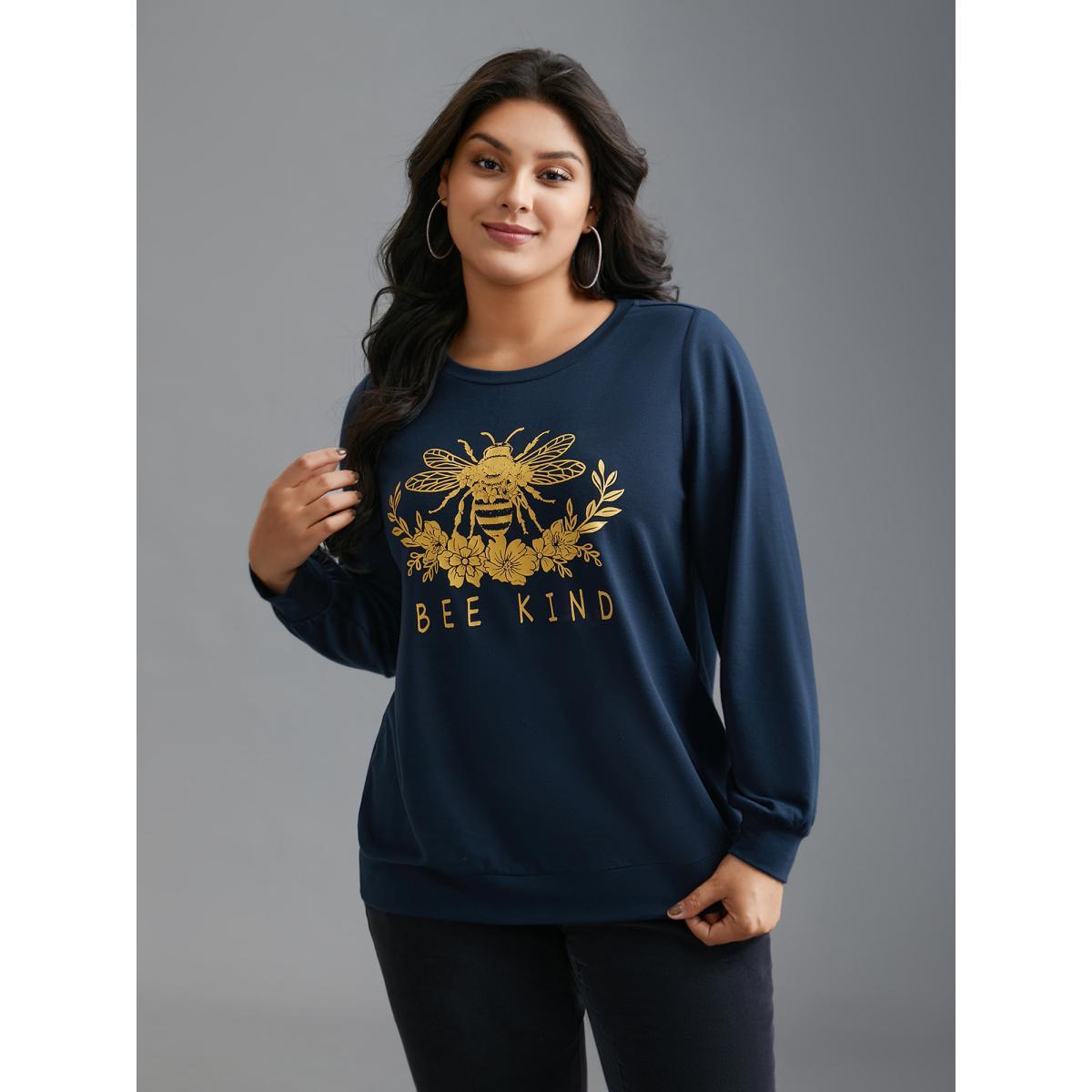 Plus Size Bee Kind Motif Round Neck Sweatshirt Women Midnight Casual Non Round Neck Everyday Sweatshirts BloomChic 22-24/3X Product Image