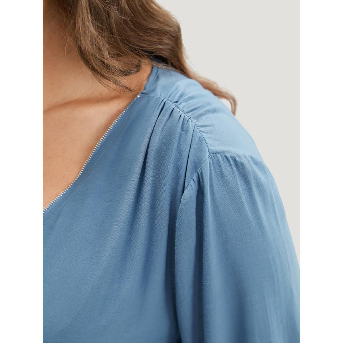 Plus Size Stone Solid Zipper Half Gathered Cuffed Sleeve Blouse Women Office Elbow-length sleeve V-neck Work Blouses BloomChic 30/6X Product Image