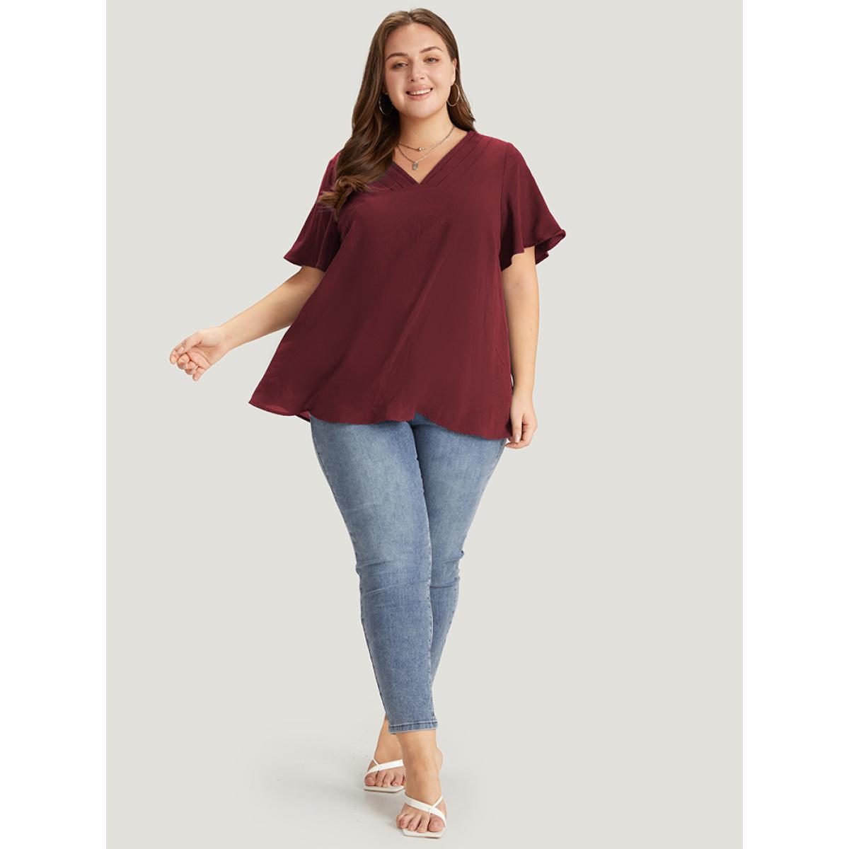 Plus Size Burgundy Solid Pleated V Neck Blouse Women Office Short sleeve V-neck Dailywear Blouses BloomChic 26/4X Product Image