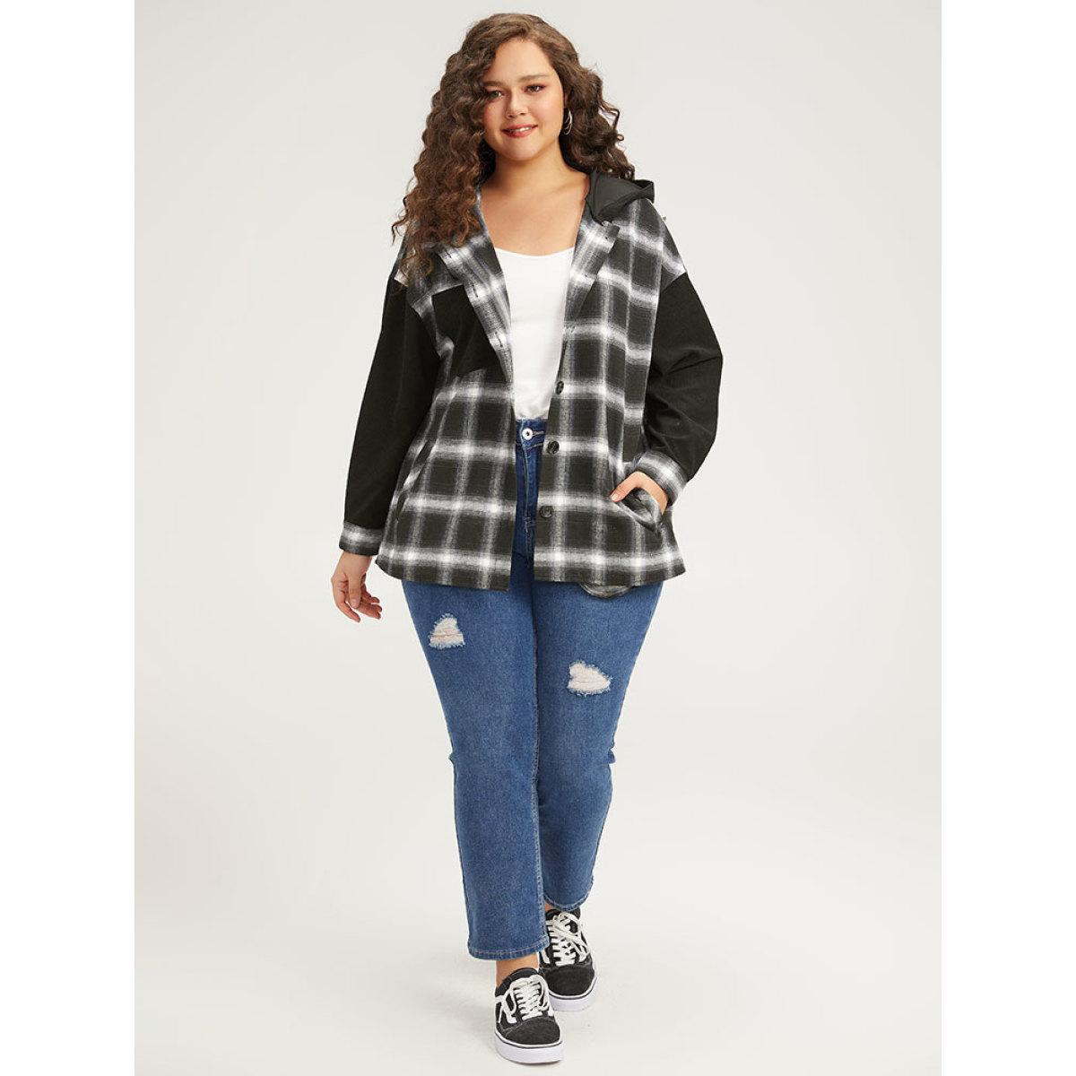 Plus Size Plaid Hooded Patched Pocket Button Up Patchwork Coat Women Black Contrast Pocket Dailywear Jackets BloomChic 14-16/1X Product Image