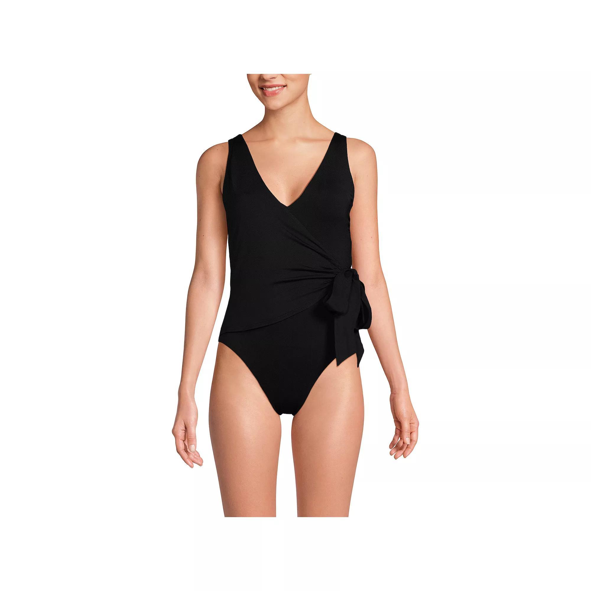Women's Lands' End Side Tie Wrap High Leg One-Piece Swimsuit, Size: 8, Black Product Image