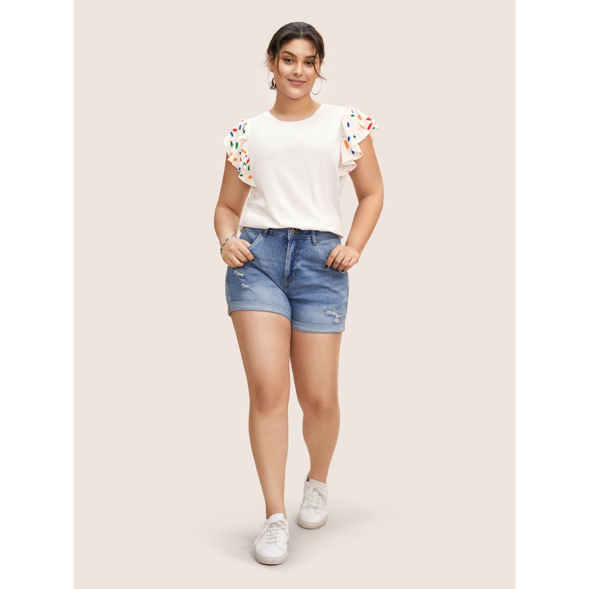 Plus Size Colored Brush Print Ruffle Cap Sleeve T-shirt Originalwhite Women Casual Contrast Round Neck Everyday T-shirts BloomChic 18-20/2X Product Image
