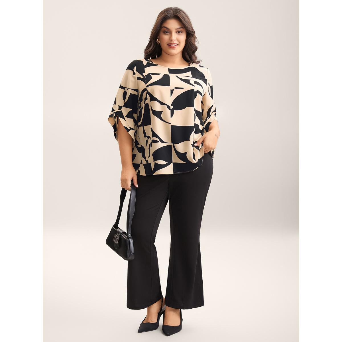 Plus Size Multicolor Geometric Pattern Tab Sleeve Flowy Blouse Women At the Office Elbow-length sleeve Round Neck Work Blouses BloomChic 14-16/1X Product Image