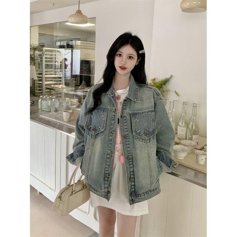 Collared Embroidered Washed Button-Up Denim Jacket Product Image