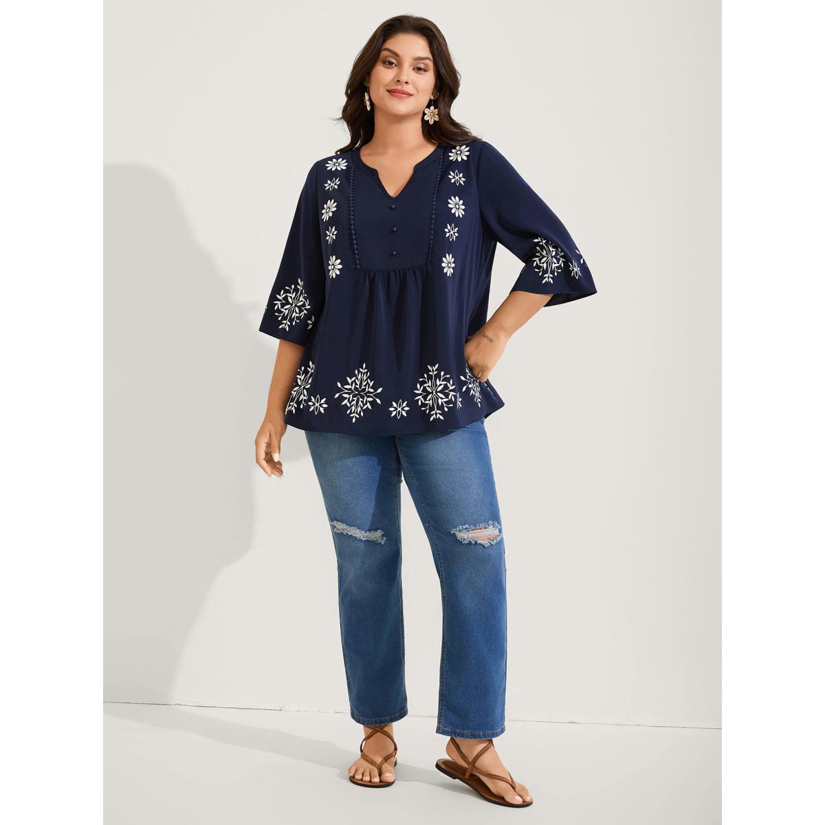 Plus Size DarkBlue Floral Print Button Detail Solid Blouse Women Elbow-length sleeve Flat collar with V-notch Vacation Blouses BloomChic 28/5X Product Image
