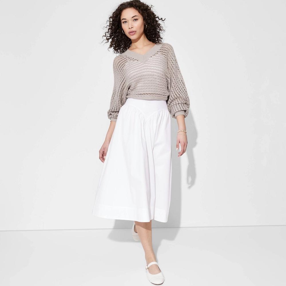 Women's Basque Waist Midi Skirt - Wild Fable™ Off-White XL: A-Line, Pull-On, Back Elastic Product Image