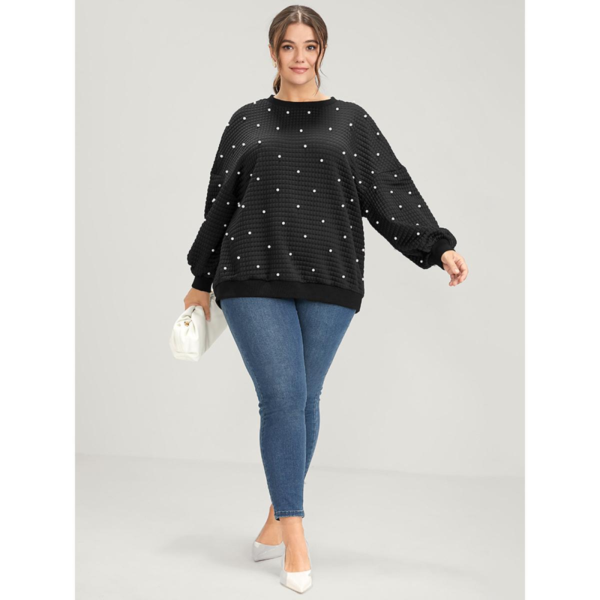 Plus Size Solid Texture Pearls Beaded Sweatshirt Women Black Party Beaded Round Neck Going out Sweatshirts BloomChic 28/5X Product Image