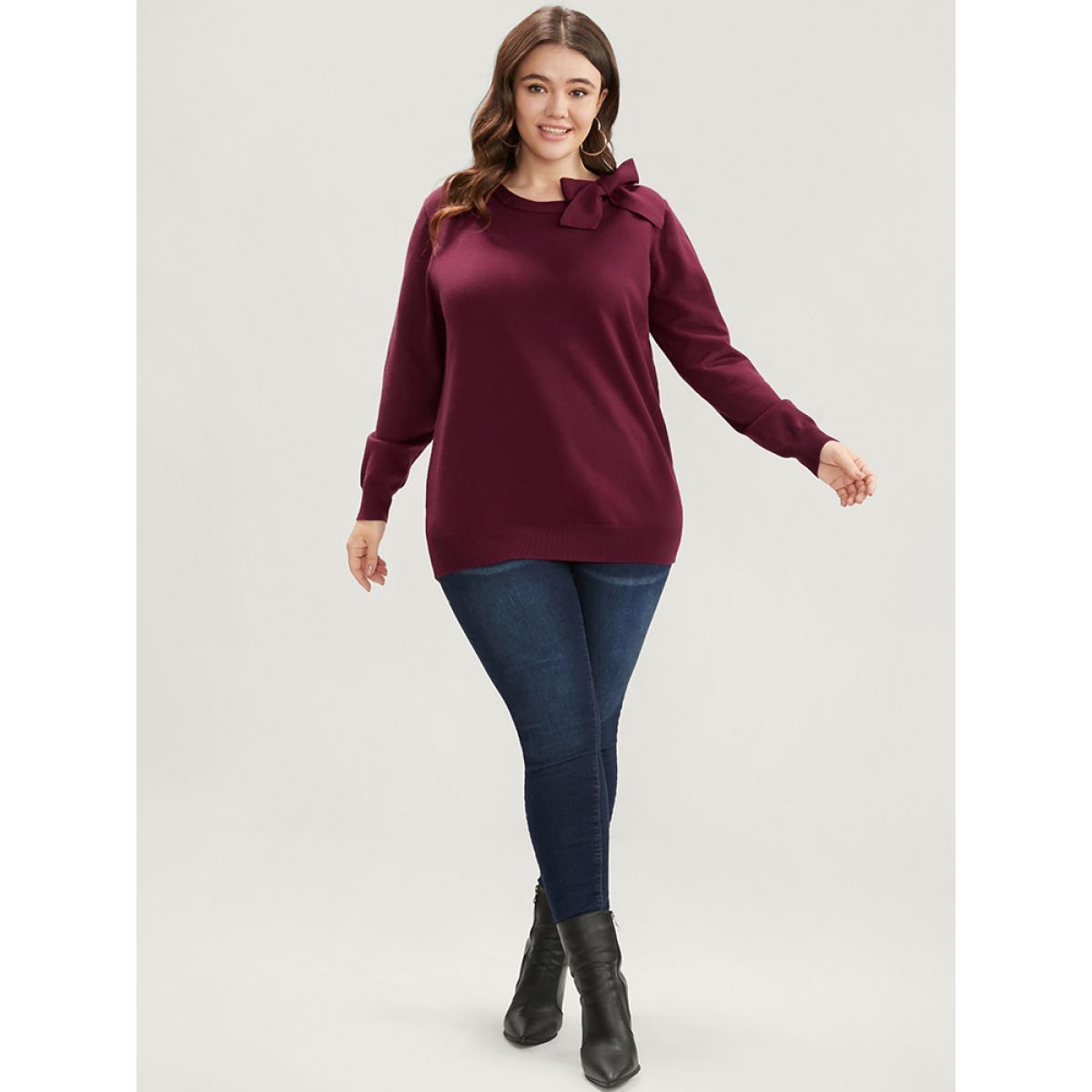 Plus Size Solid Soft Sexy Yarn Knit Knotted Neck Knit Top Scarlet Women Elegant Long Sleeve Tie Neck Dailywear Pullovers BloomChic 12/L Product Image