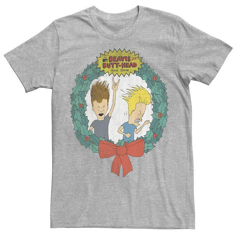 Men's Cartoon Network Beavis and Butthead Christmas Wreath Tee, Size: Large, Grey Heather Product Image