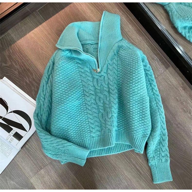 Stand Collar Plain Cable Knit Half-Zip Sweater Product Image