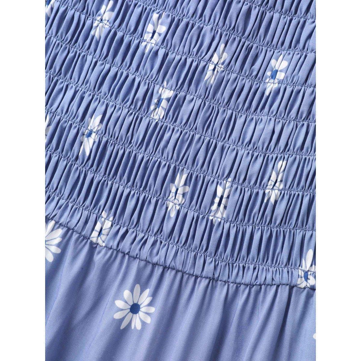 Plus Size Rayon Floral Shirred Midi Dress Mediumblue Women Square Neck Short sleeve Curvy BloomChic 22-24/3X Product Image
