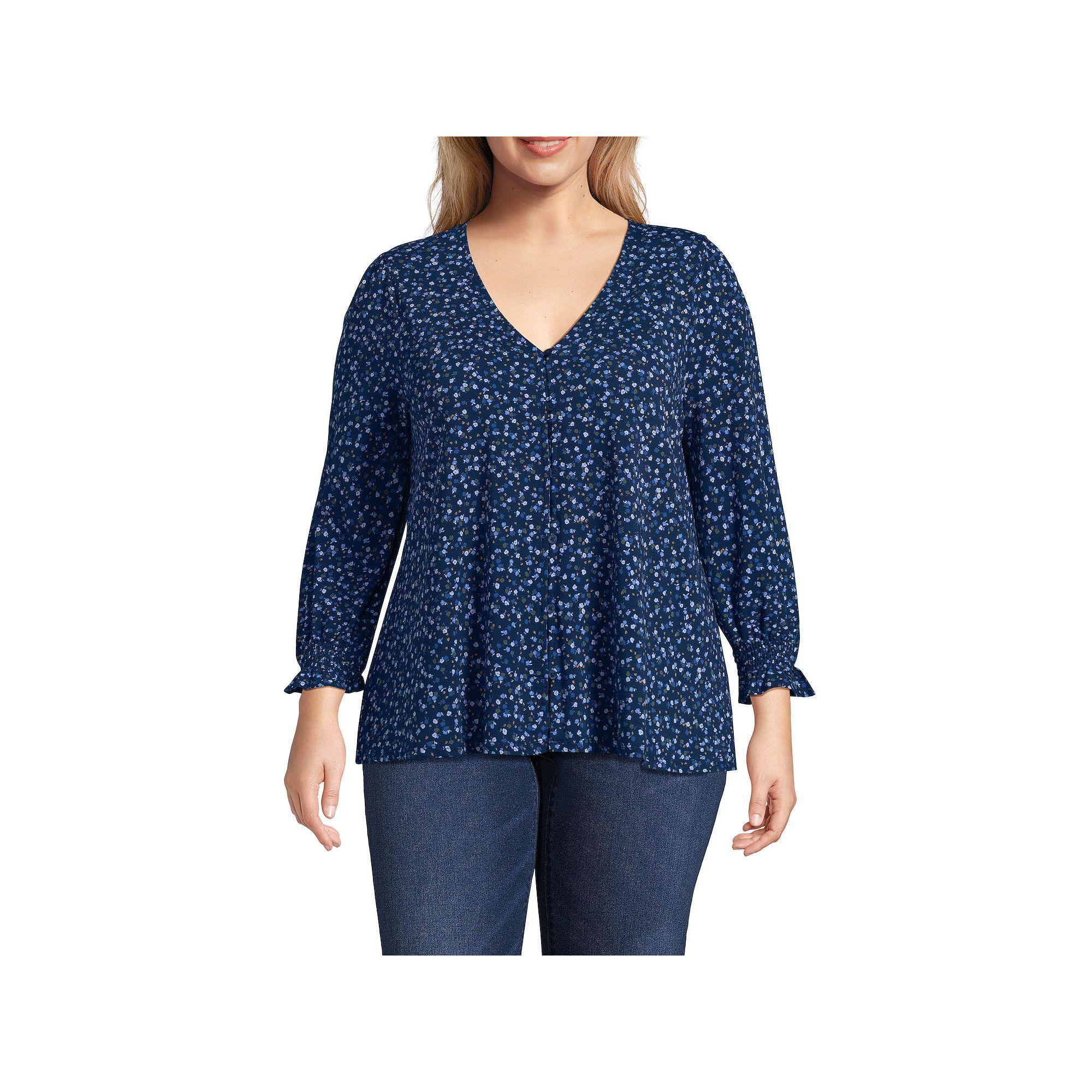 Plus Size Lands' End 3/4 Sleeve Lightweight Jersey Button Front Top, Women's, Size: 1XL, Deep  Blue Bloom Product Image