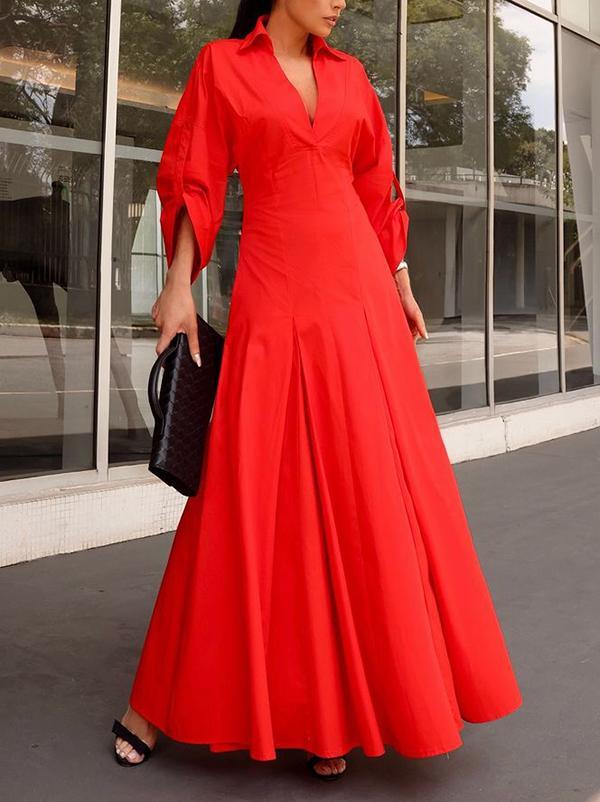 A-Line High Waisted Pleated Solid Color V-Neck Maxi Dresses Shirt Dress Product Image