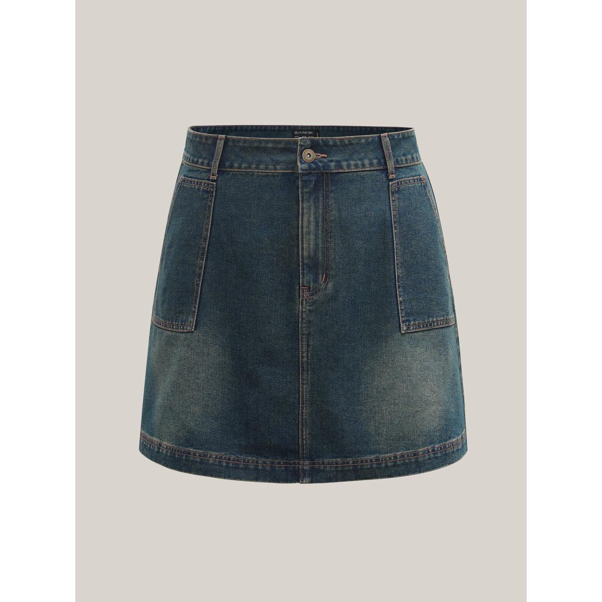 Plus Size A-Line Seamed Denim Skirt Women Bluevintage Everyday-Casual No stretch Medium Wash 16/1X Slanted pocket Denim Skirts BloomChic Product Image