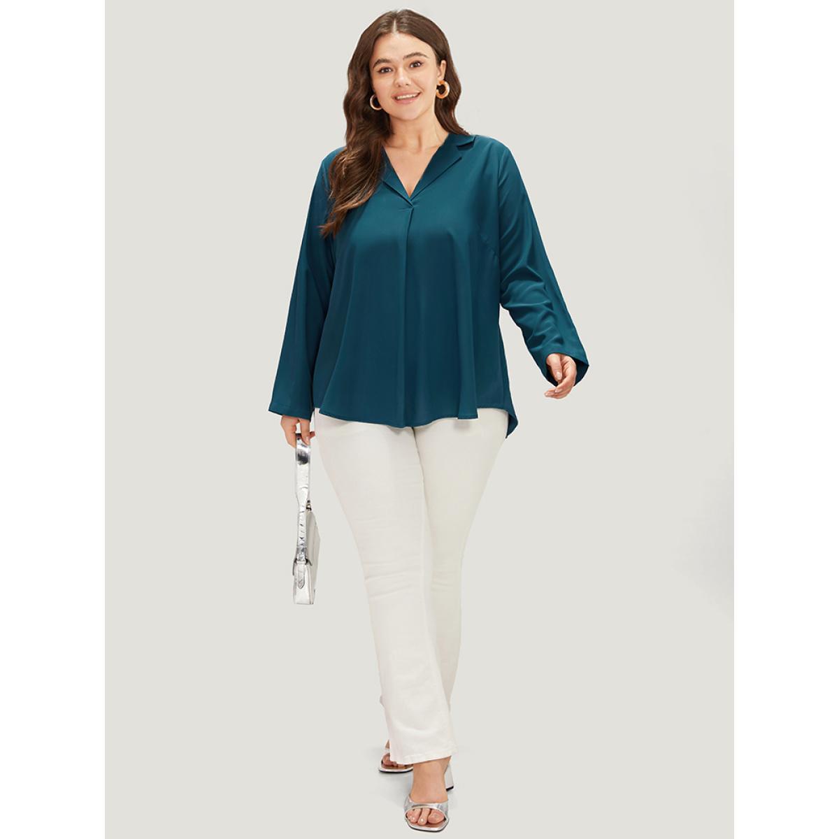 Plus Size Aegean Solid Shirt Collar Plicated Detail Blouse Women Office Long Sleeve Shirt collar Work Blouses BloomChic 30/6X Product Image