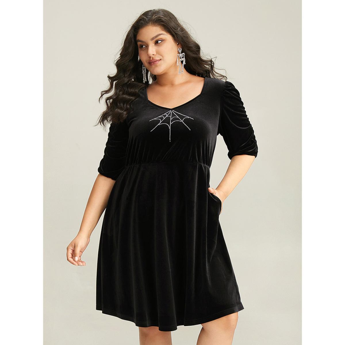 Plus Size Halloween Velvet Rhinestone Pocket Dress Black Women Elegant Rhinestone detailing Square Neck Half Sleeve Curvy Knee Dress BloomChic 30/6X Product Image