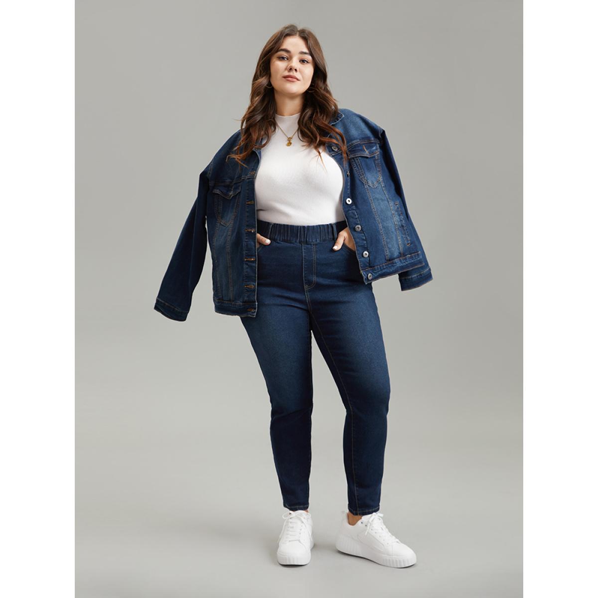 Plus Size Skinny Plain Elastic Waist Dark Wash Jeans Women Indigo Casual Plain Plain High stretch Pocket Jeans BloomChic 28/5X Product Image