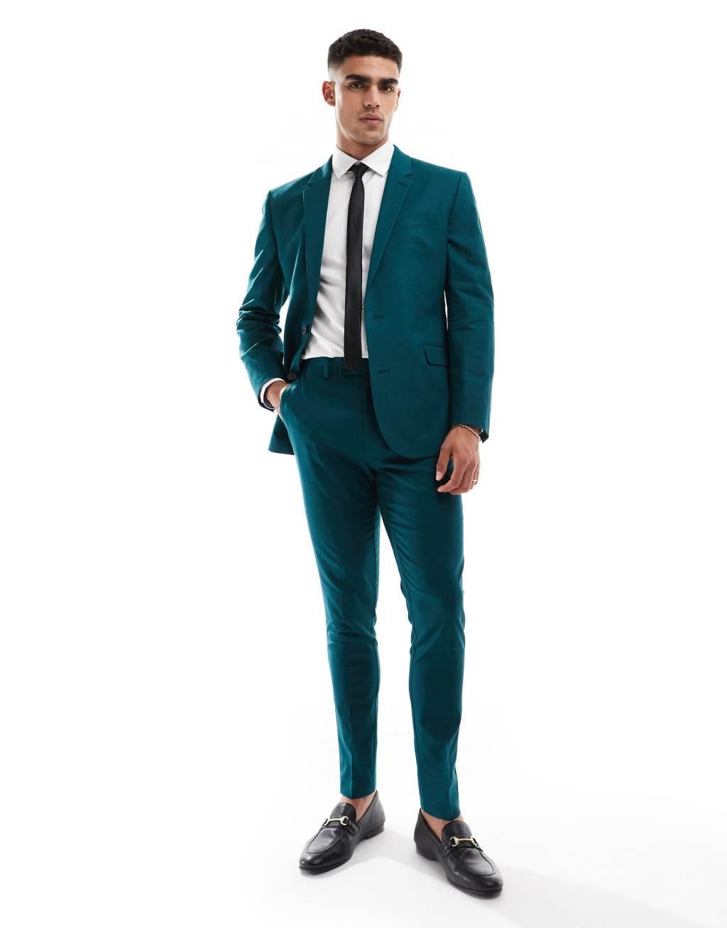 ASOS DESIGN slim linen mix suit jacket in teal green Product Image