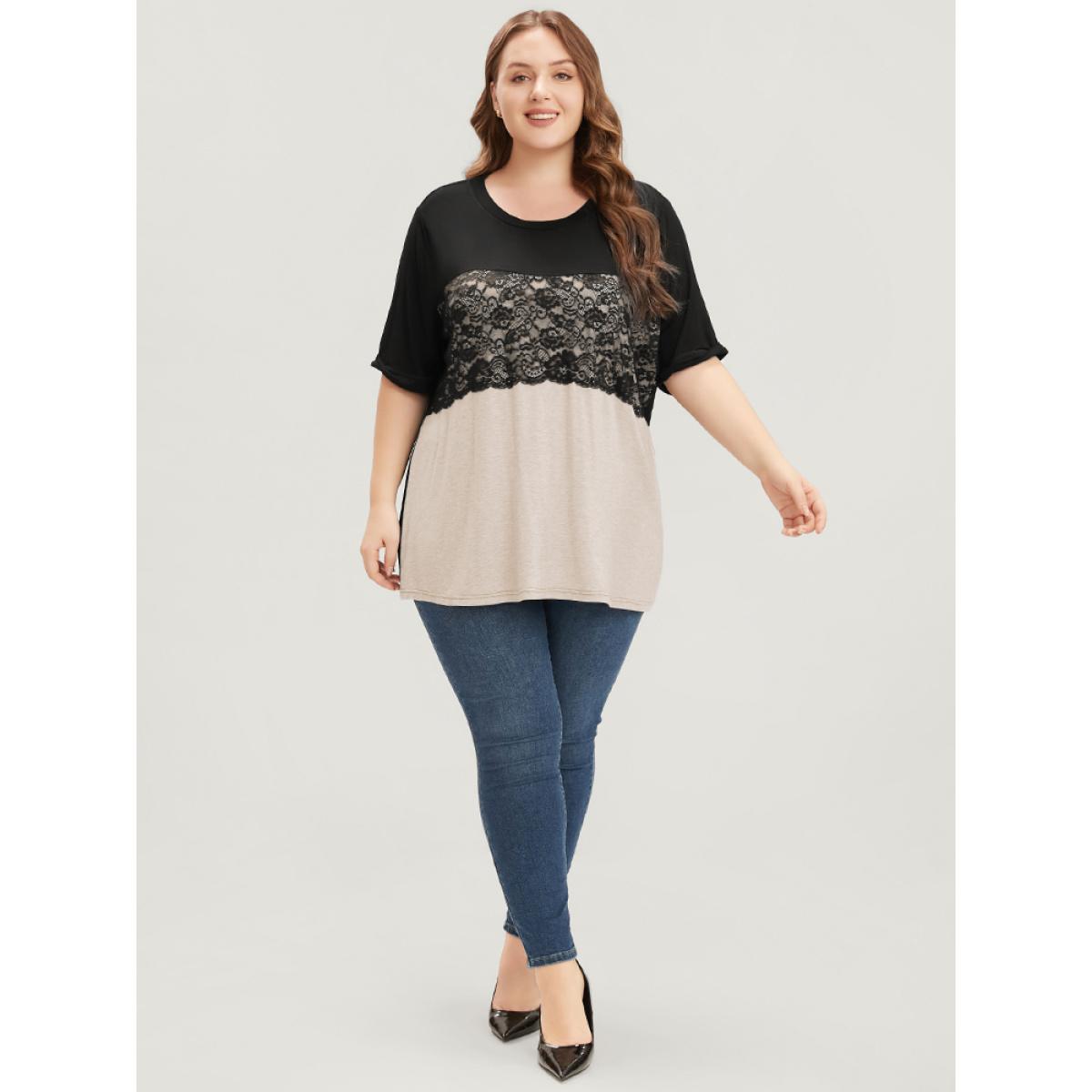 Plus Size Colorblock Contrast Round Neck Lace Insert T-shirt Tan Women Elegant Contrast Colorblock Round Neck Dailywear T-shirts BloomChic 28/5X Product Image