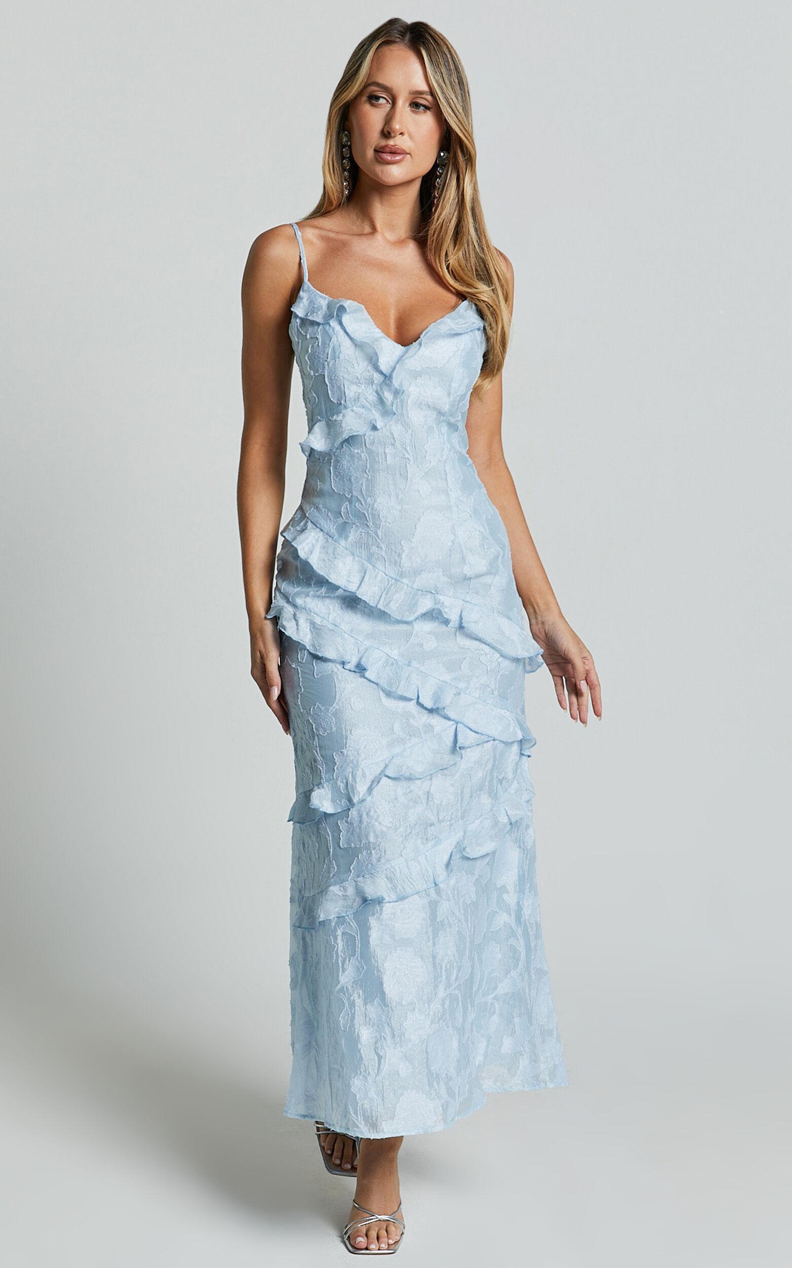 Michaela Midi Dress - Jacquard Ruffle Detail Tiered Dress in Light Blue Product Image