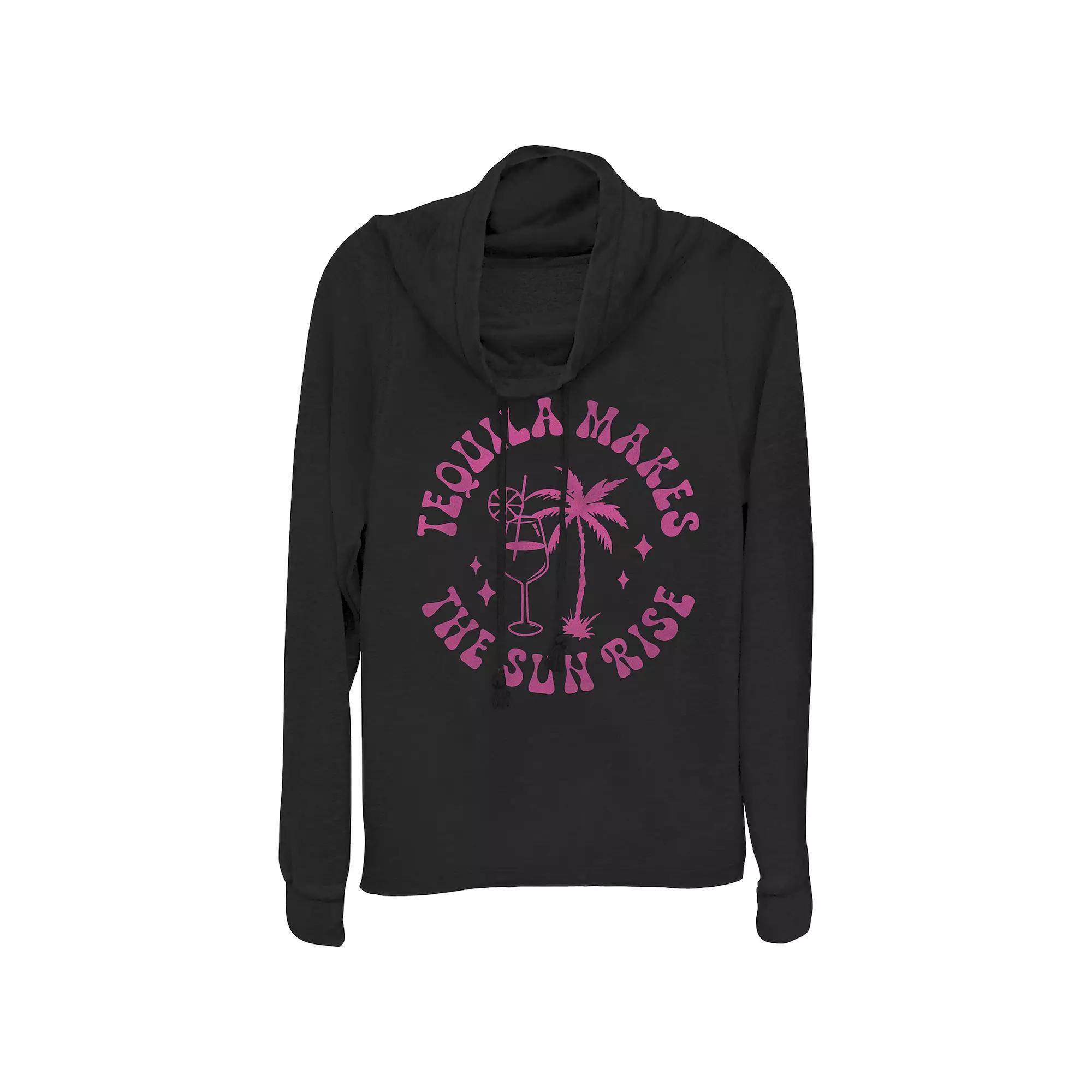 Women's Tequila Makes The Sunrise Cowlneck Graphic Lightweight Long Sleeve, Size: XXL, Black Product Image
