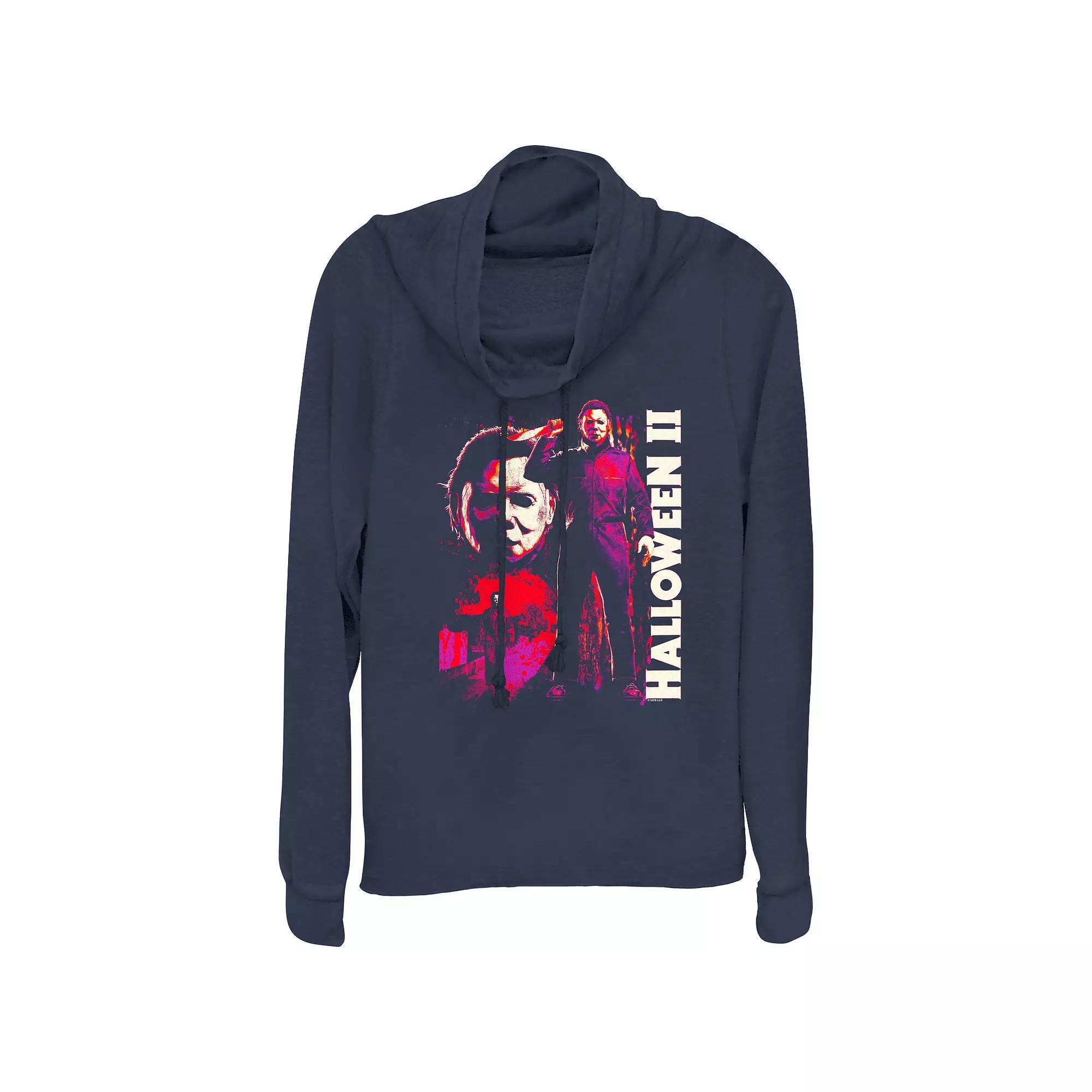 Plus Size Halloween II Michael Myers Cowlneck Graphic Lightweight Long Sleeve, Womens Blue Product Image
