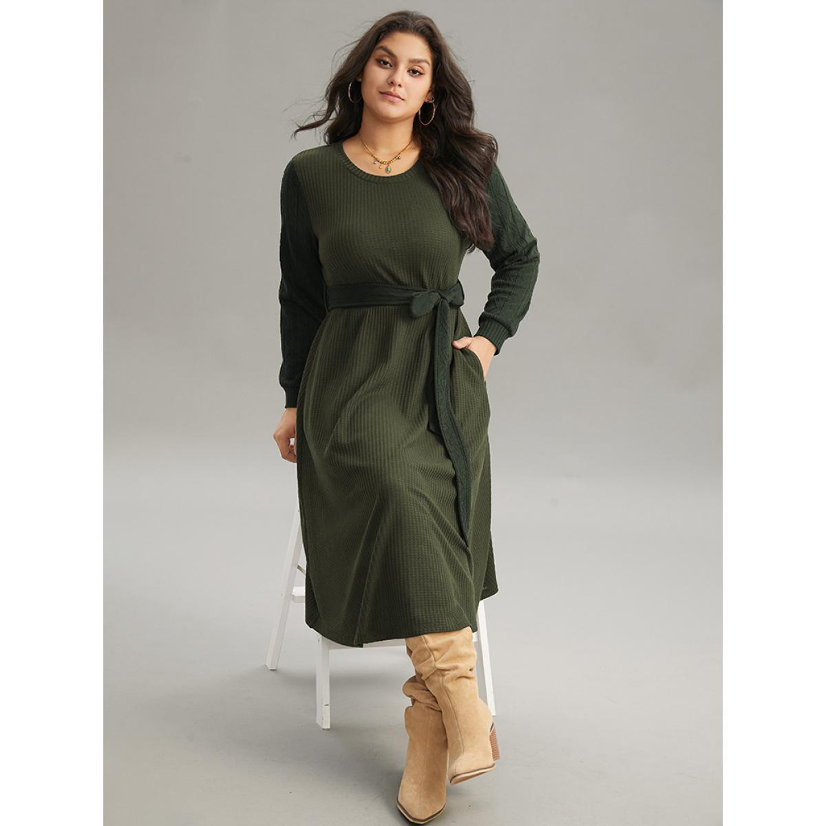 Plus Size Solid Waffle Knit Round Neck Belted Dress ArmyGreen Women Casual Texture Round Neck Long Sleeve Curvy Midi Dress BloomChic 18-20/2X Product Image