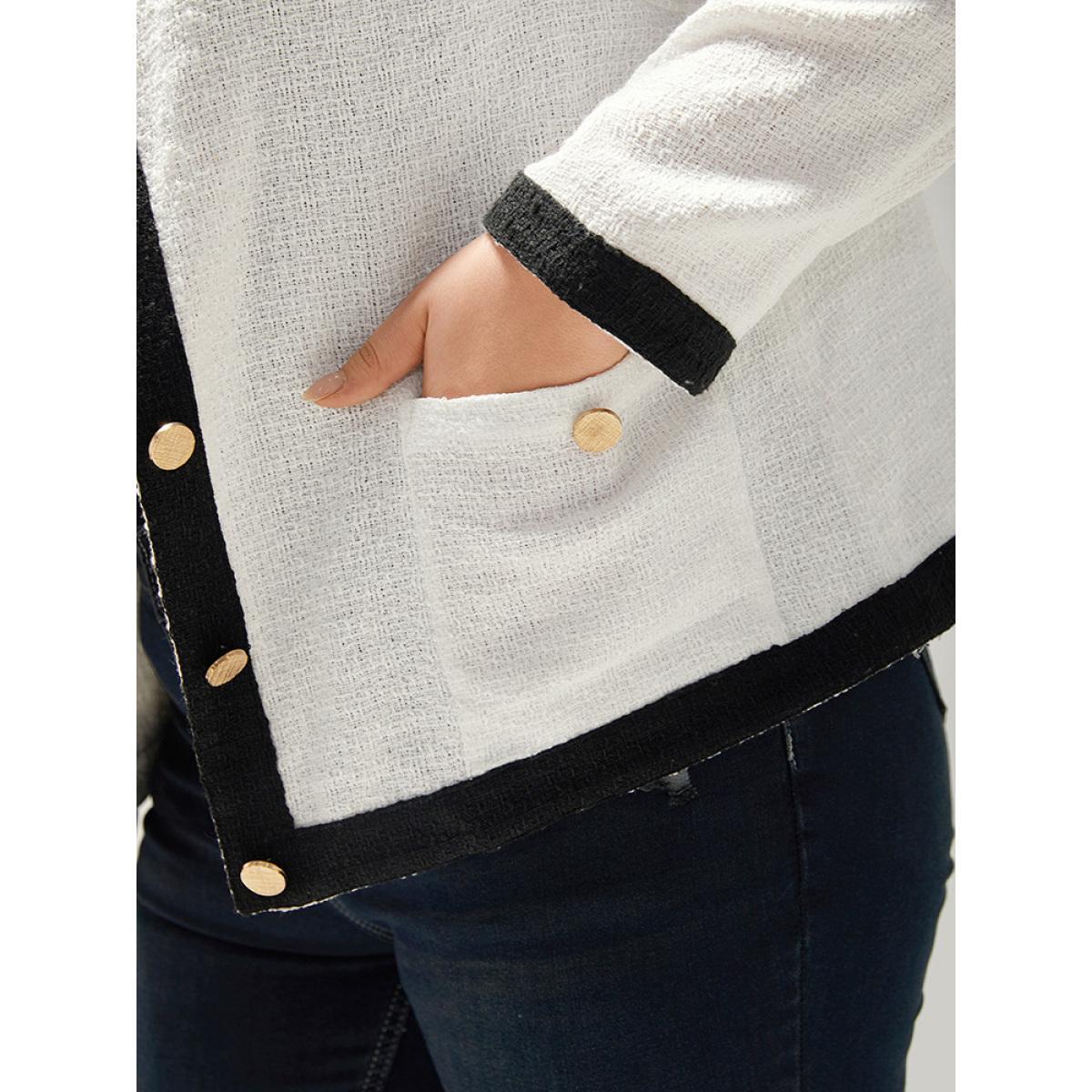 Plus Size Two Tone Tweed Buckle Detail Pocket Blazer White Women Work Plain Texture Sleeve Long Sleeve Round Neck 22-24/3X Pocket Work From Home Blazers BloomChic Product Image