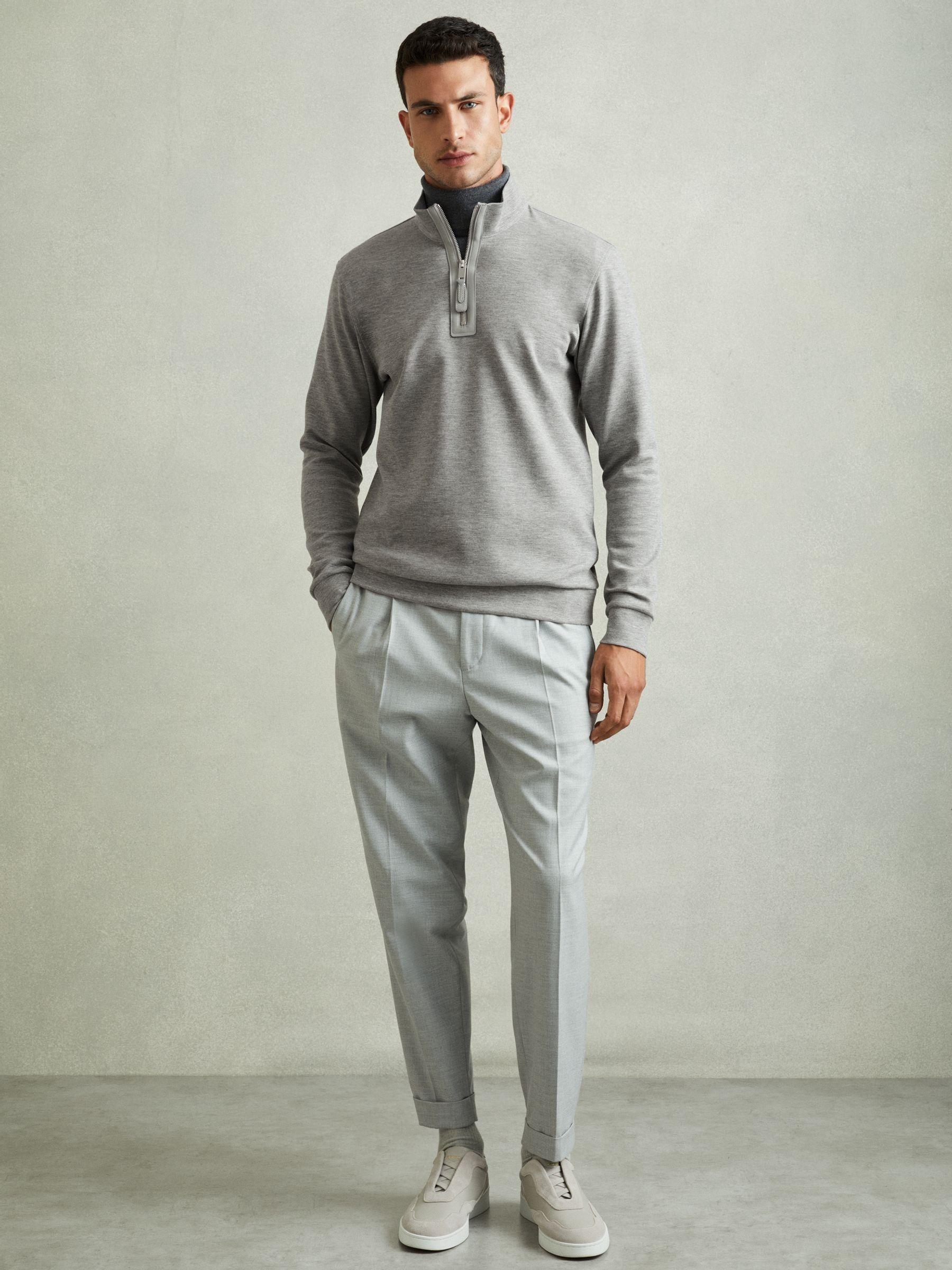 Leather-Placket Interlock-Jersey Sweatshirt in Grey Melange Product Image