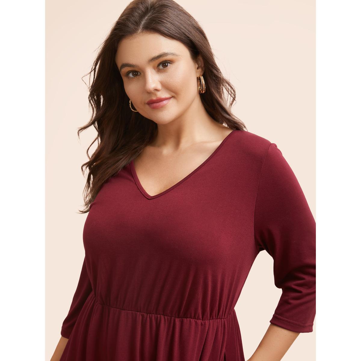 Plus Size Solid V Neck Elastic Waist Midi Dress Burgundy Women Casual Non V-neck Elbow-length sleeve Curvy BloomChic 28/5X Product Image