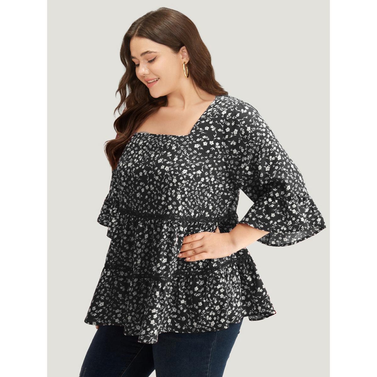 Plus Size Black Silhouette Floral Print Lace Patchwork Square Neck Flutters Blouse Women Elegant Elbow-length sleeve Square Neck Dailywear Blouses BloomChic 10/M Product Image