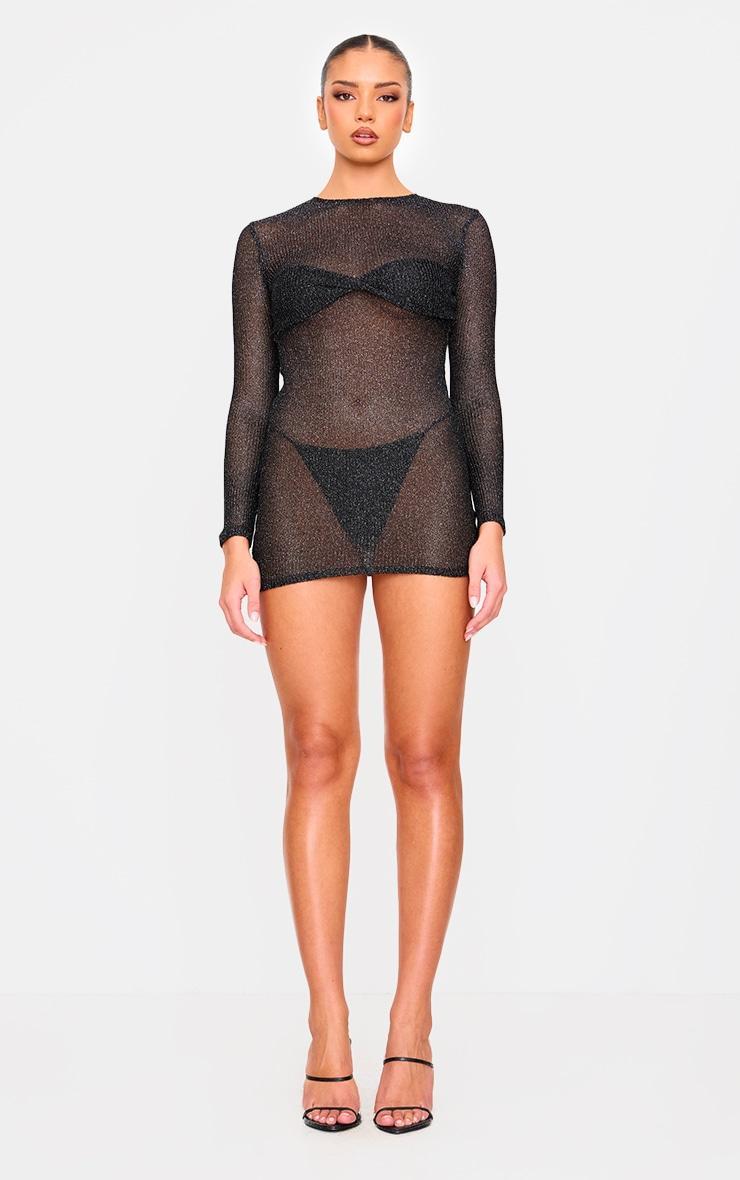 Black Metallic Ribbed Twist Bust Long Sleeve Mini Dress Product Image