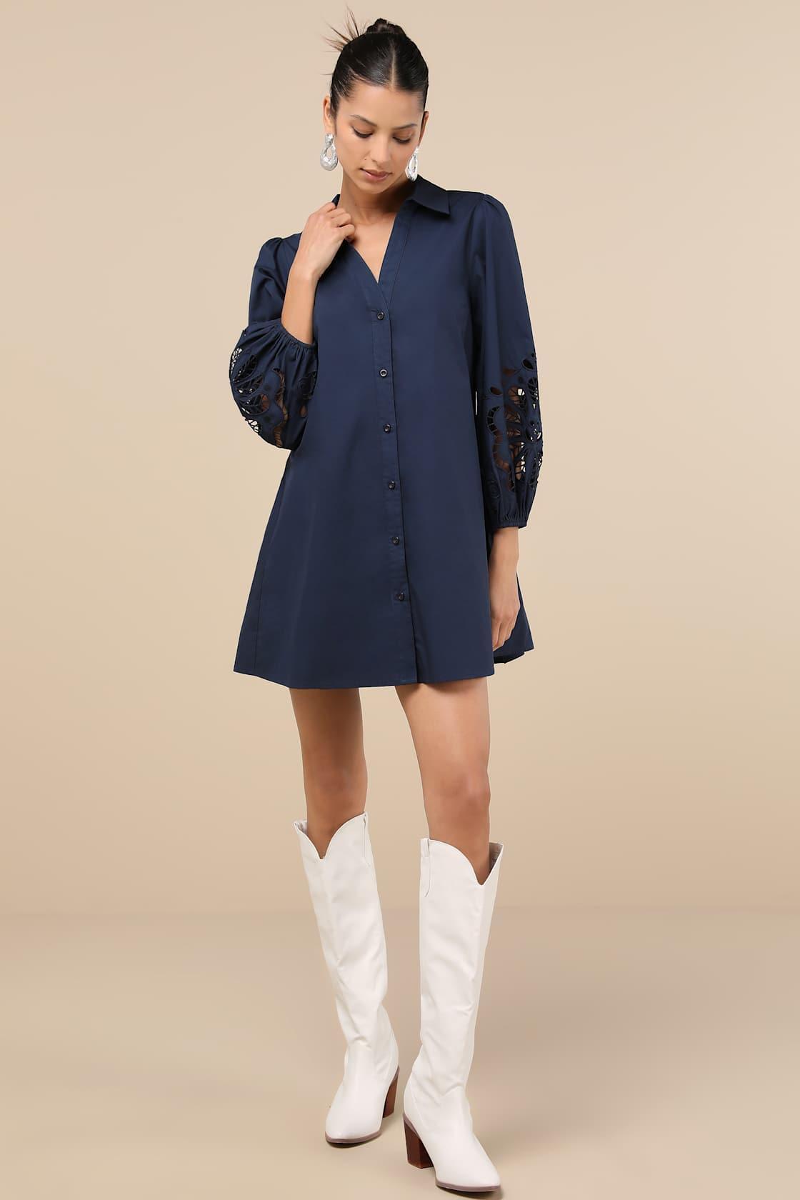 Nelda Navy Blue Button-Up Mini Shift Dress Product Image