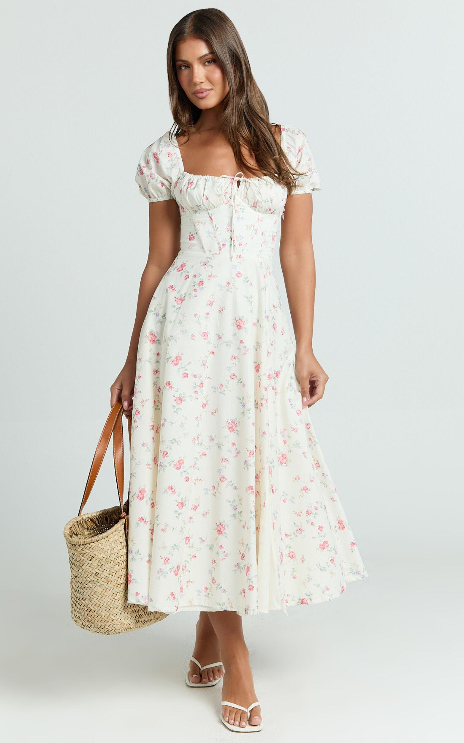 Imani Midi Dress - Puff Sleeve Square Neck Circle Skirt Dress in Cream Product Image