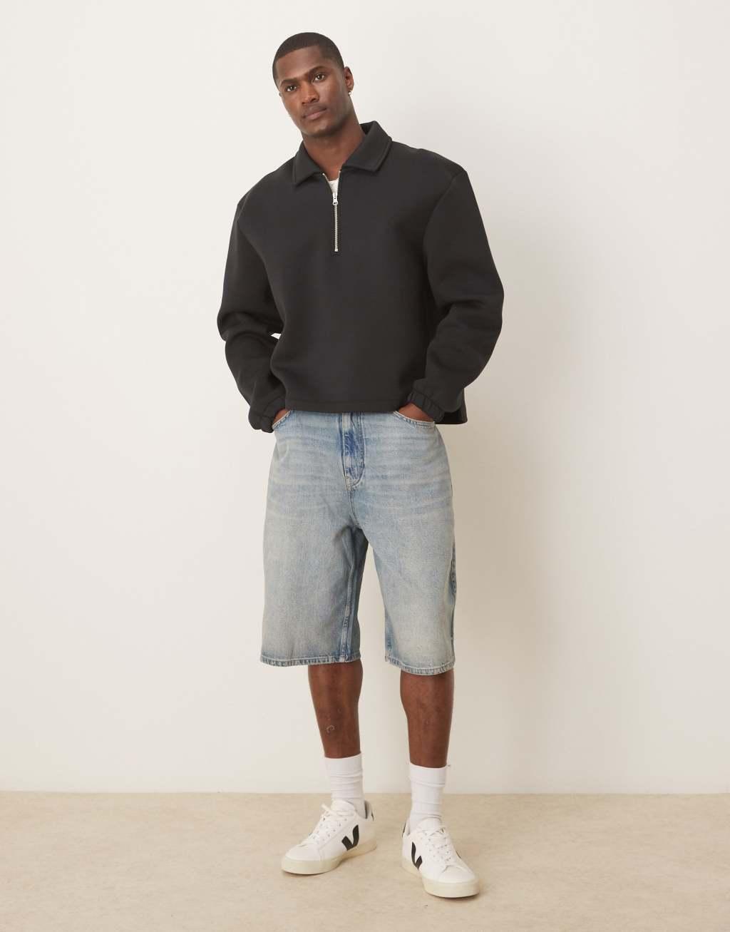 ASOS DESIGN oversized boxy quarter zip rugby scuba sweatshirt in black Product Image