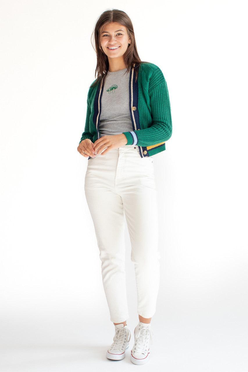 Green Cable Knit Varsity Cardigan Product Image