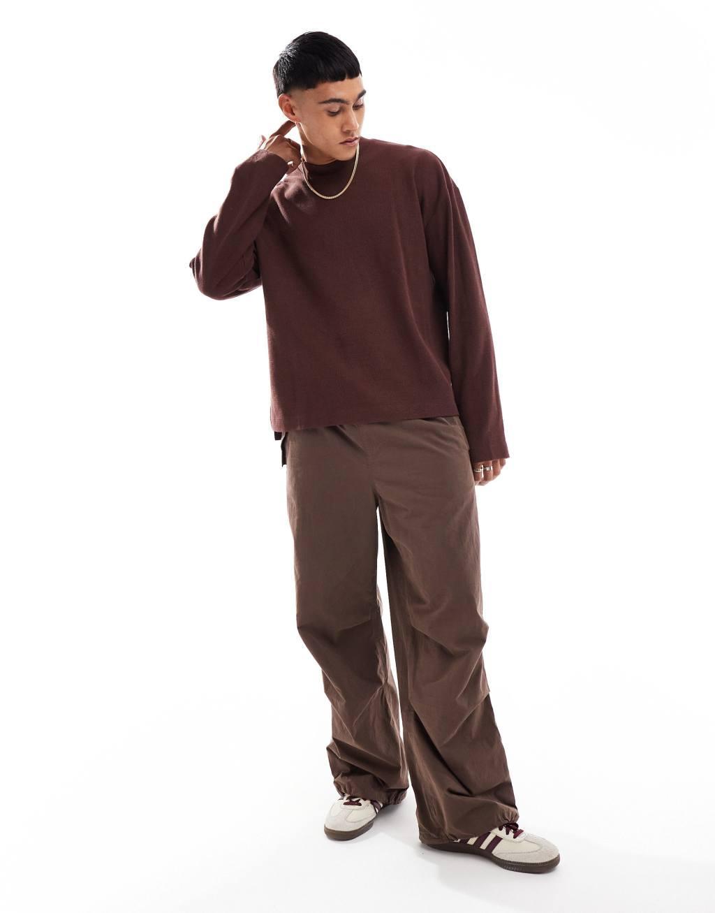 ASOS DESIGN oversized long sleeve textured t-shirt with side slit in dark brown Product Image