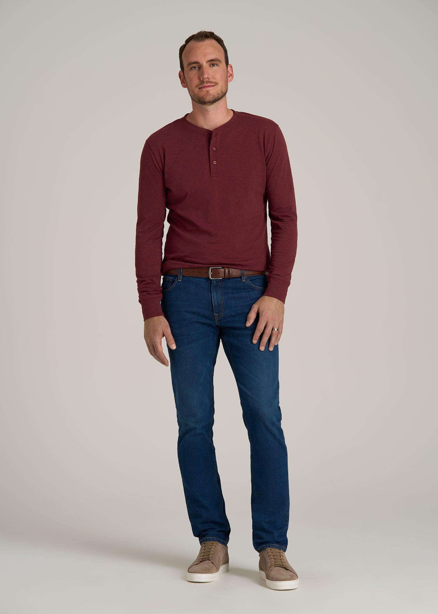 Men's Tall Three Button Long Sleeve Slub Henley in Red Ochre Product Image