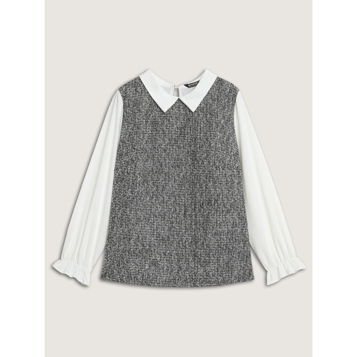 Plus Size Black Tweed Patchwork Lantern Sleeve Blouse Women At the Office Long Sleeve Shirt collar Work Blouses BloomChic 10/M Product Image