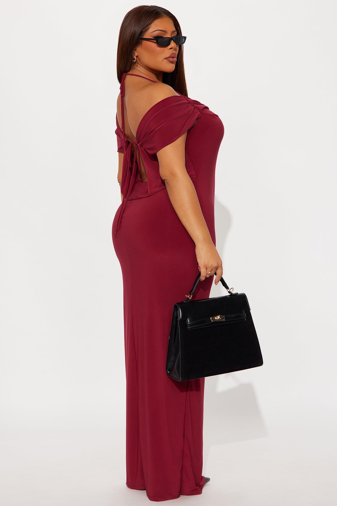 Jaden Off Shoulder Cowl Back Maxi Dress - Burgundy Product Image