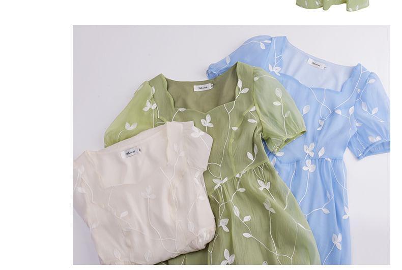 Short-Sleeve Leaf Embroidered Midi A-Line Dress Product Image